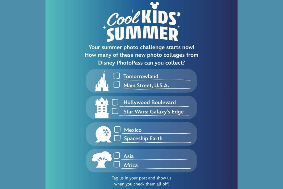 Disney Parks Summer Challenge checklist with park locations, Disney icons, and checkboxes—track your adventures all season.