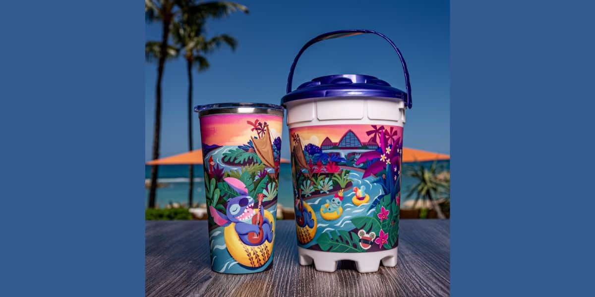 Disney Aulani stitch popcorn bucket and refillable mug for summer 2026