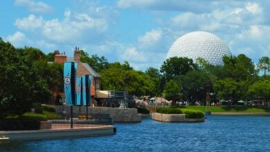 Spaceship Earth above the EPCOT World Showcase lagoon