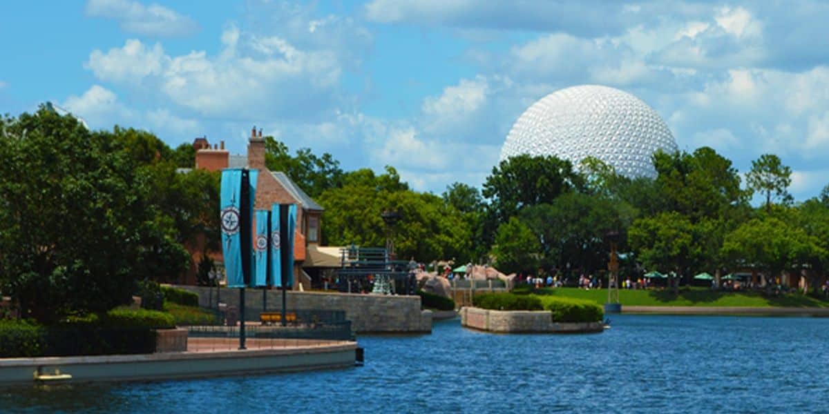 Spaceship Earth above the EPCOT World Showcase lagoon