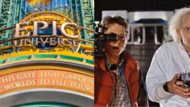 split image: on the left, epic universe's entrance. on the right, marty and doc watch delorean disappear in back to the future