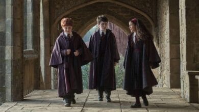 Harry, Ron, and Hermione in the halls of Hogwarts