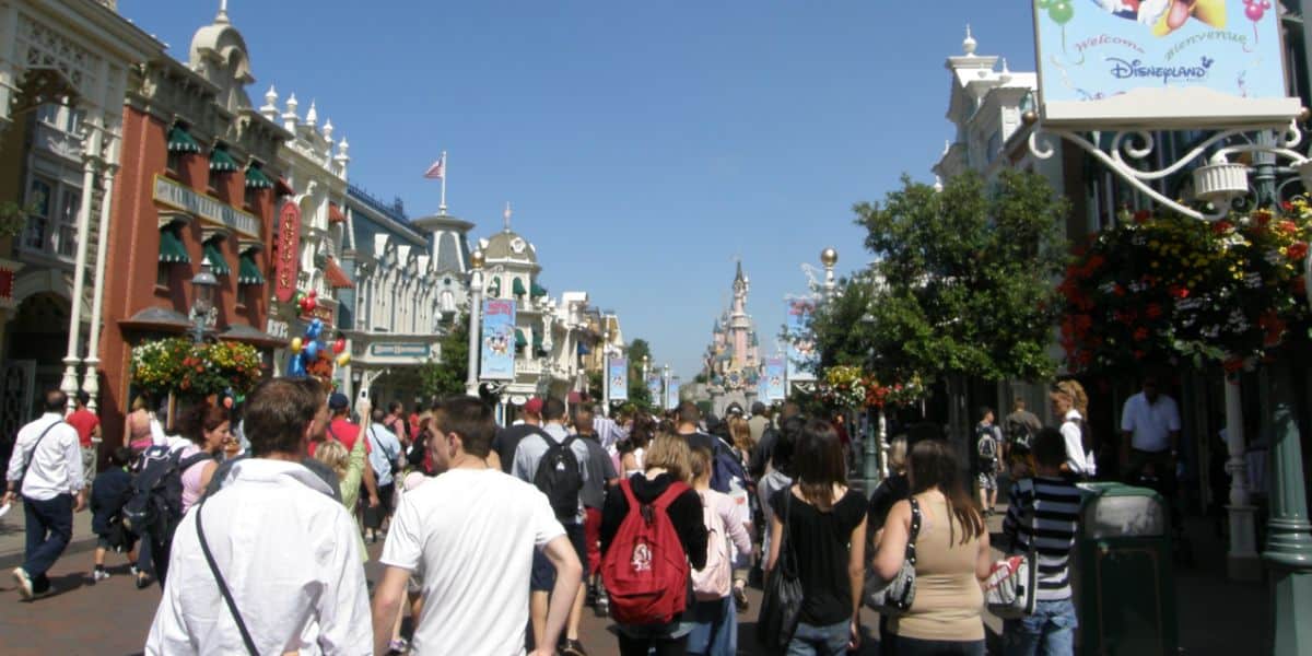 Guests stroll along Main Street USA at Disneyland Paris