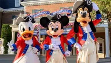 Mickey Mouse, Donald Duck, and Goofy in American attire to celebrate 4th of July in Disney World