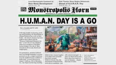 Monstropolis Horn front page announces: "H.U.M.A.N. Day is a go," celebrating the much-anticipated park event.