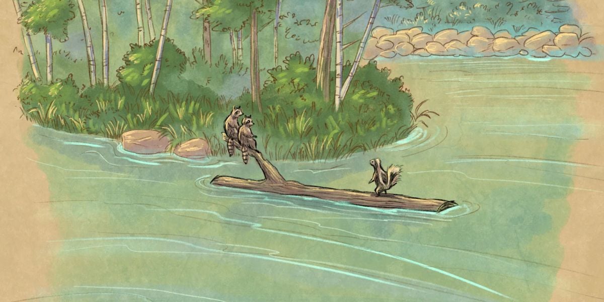 Raccoons and a skunk on a log in Rivers of the Far West Concept art