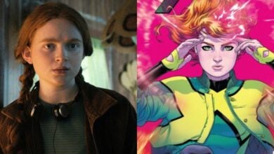 split image: on the left, Sadie Sink as Max in Stranger Things show. on the right, Jean Grey from Marvel comics