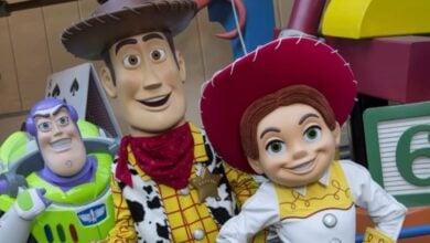 Buzz Lightyear, Woody, and Jessie characters at the opening of Toy Story Land at Disney's Hollywood STudios