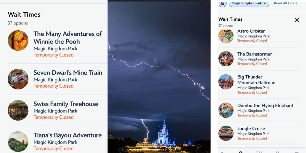 Screenshot of the Disney World app with all Magic Kingdom rides paused for a summer storm, lightning flashing over Cinderella Castle.