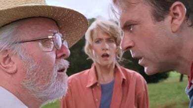 L to R: John Hammond, Ellie Sattler, and Alan Grant at the Brachiosaur enclosure in 'Jurassic Park'