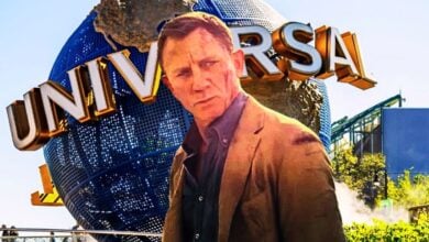 Mixed image: Front - Daniel Craig as James Bond, Background - the Universal Orlando globe