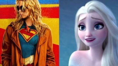 Split image: L - Milly Alcock in 'Supergirl', R - Elsa in 'Frozen'