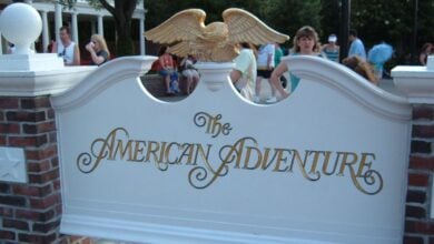 Entrance sign for The American Adventure World Showcase Pavilion at EPCOT