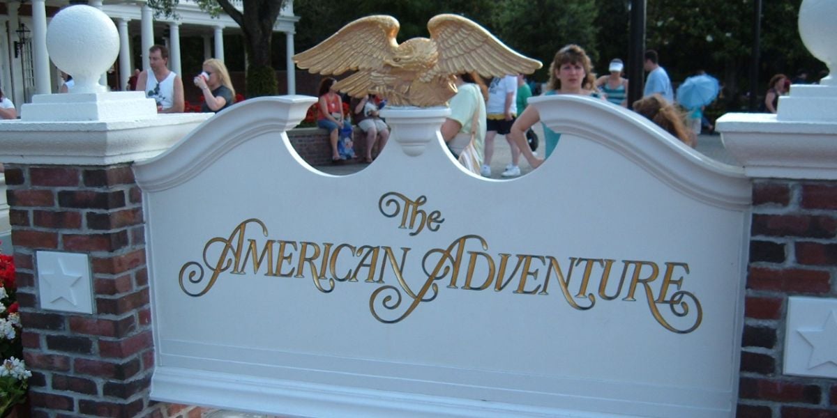 Entrance sign for The American Adventure World Showcase Pavilion at EPCOT