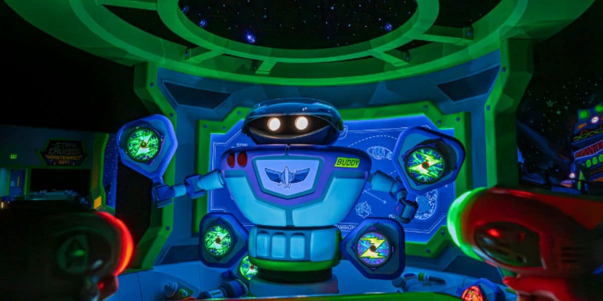 Buddy robot from Buzz lightyear space ranger spin in disney world's magic kingdom park