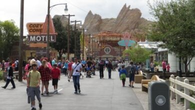 Guests stroll through Cars Land at Disney California Adventure Park