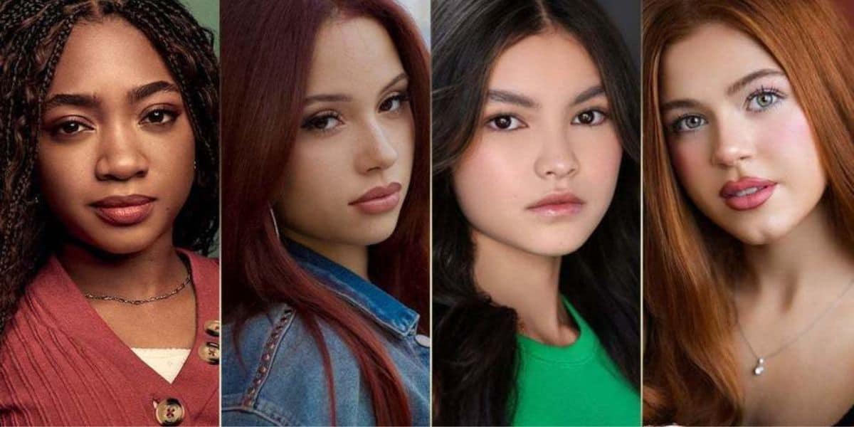 Four energetic young women with distinctive hair colors strike individual close-up poses reminiscent of the Cheetah Girls, facing the camera and capturing the excitement and star power of a live reunion at a Disney entertainment venue.