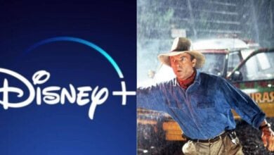 split image: on the left, Disney+ logo and titles. on the right, a screenshot of jurassic park scene from original film