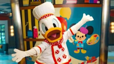 Donald Duck dressed as a chef in a restaurant at Hong Kong Disneyland