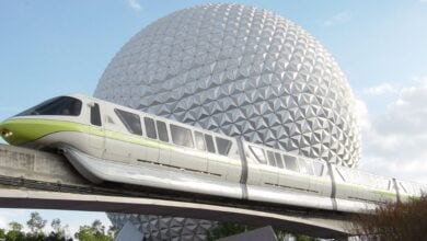 Monorail Lime in front of Spaceship Earth