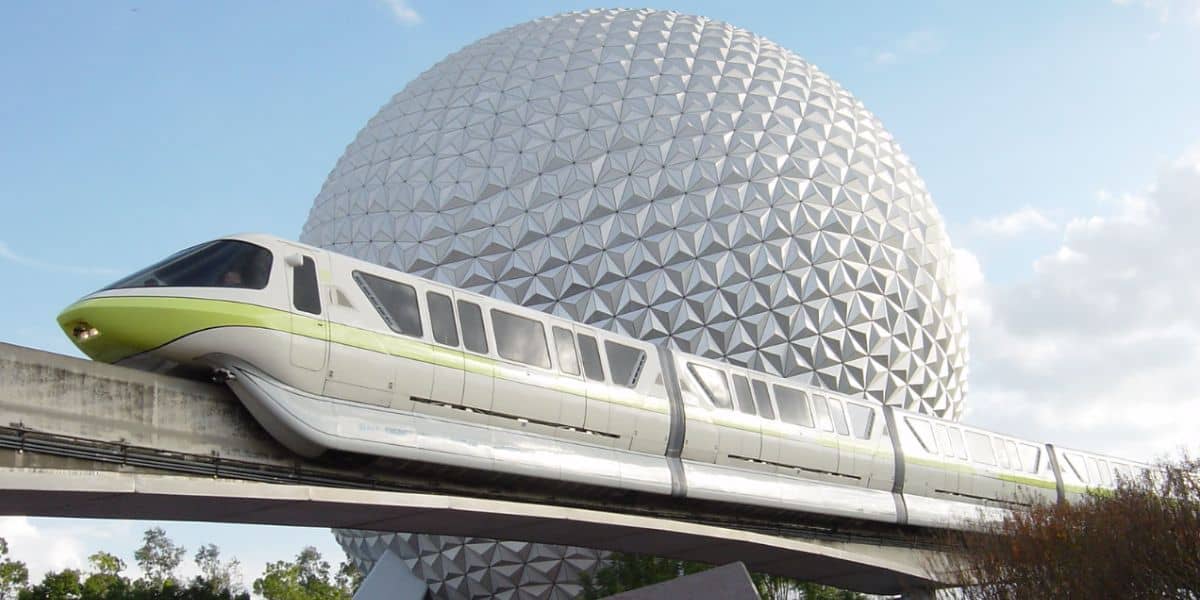 Monorail Lime in front of Spaceship Earth