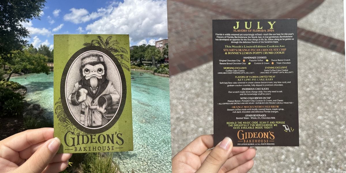 Gideon's Bakehouse collectible cards displayed at Disney Springs—one showcasing their signature plague doctor artwork, the other teasing upcoming July menu specials for fans to look forward to.