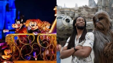 split image: on the left, Minnie Mouse and friends dressed as Sanderson sisters on halloween parade float. on the right, a man poses with chewbacca in galaxy's edge