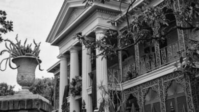 Black and white photo of the Haunted Mansion at Disneyland