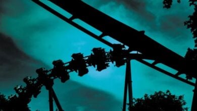 SeaWorld Orlando’s iconic roller coaster in silhouette, packed with excited riders soaring against a vibrant teal sky streaked with scattered clouds, capturing all the pulse-pounding excitement of a day at the park.