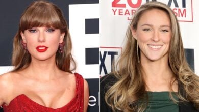 Two women with long hair, one in a red dress at Universal Studios and one in a green top at Disneyland, posing separately.