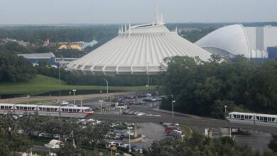 Space Mountain and the Magic Kingdom Monorail as seen from Disney's Contemporary Resort.