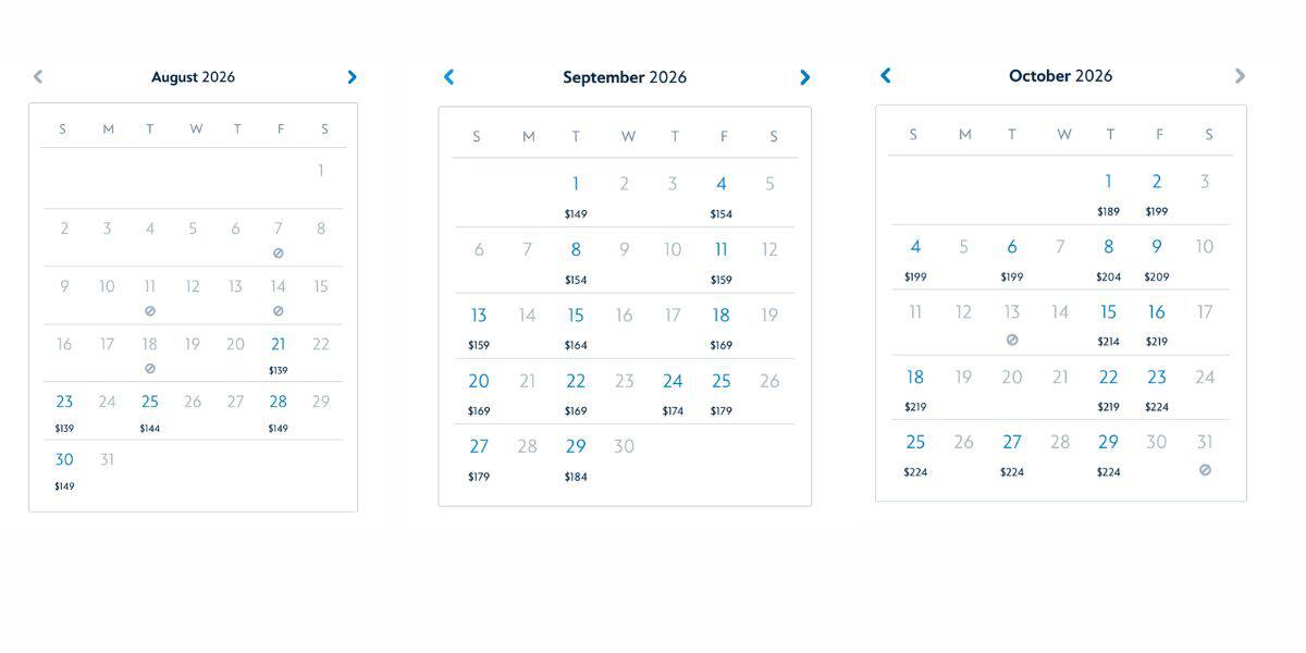 Monthly calendars for August, September, and October 2026 showing available dates for Mickey's Not So Scary Halloween Party