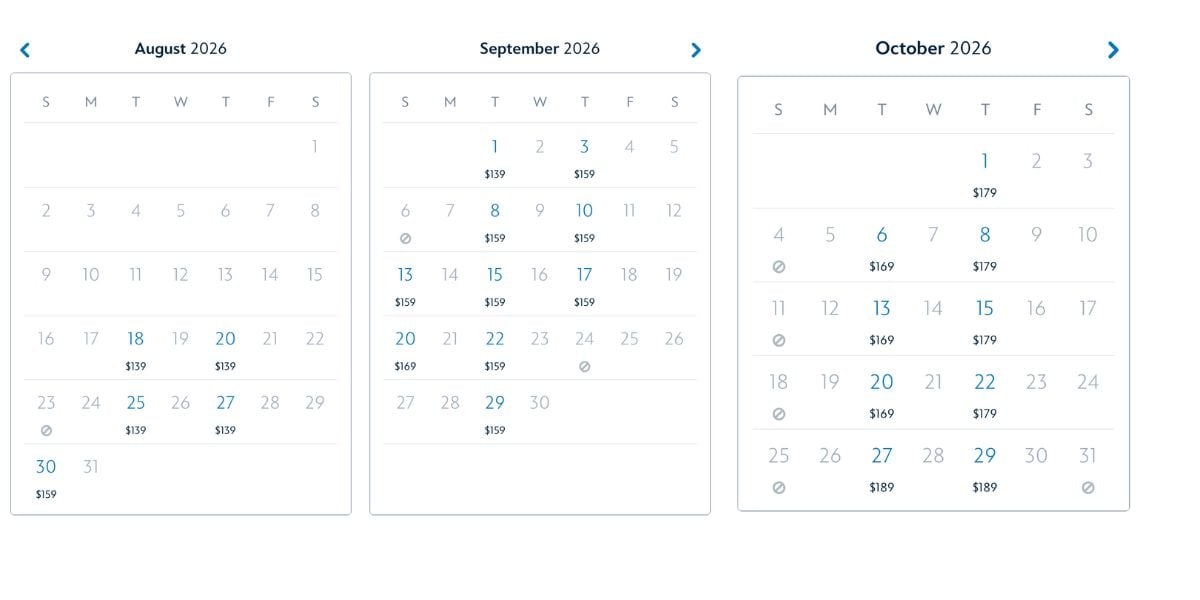 Three monthly 2026 Disneyland Resort calendars for August, September, and October display available and sold out dates for Oogie Boogie Bash