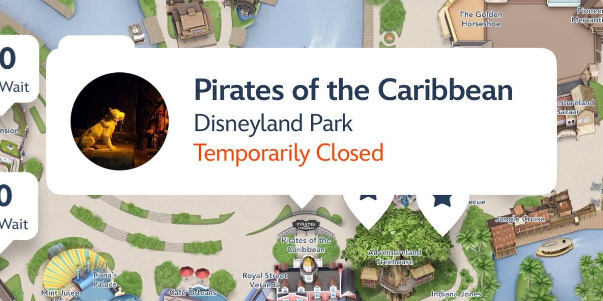 Disneyland Park map highlighting Pirates of the Caribbean, marked as "Temporarily Closed"
