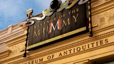 revenge of the mummy ride entrance sign in universal studios florida
