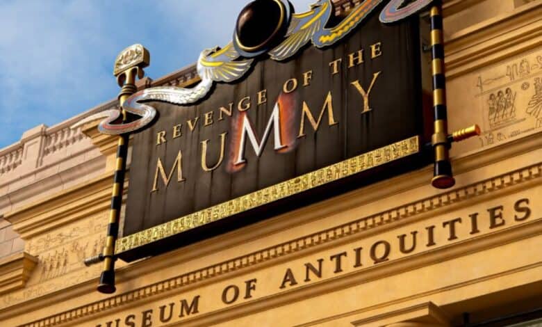 revenge of the mummy ride entrance sign in universal studios florida