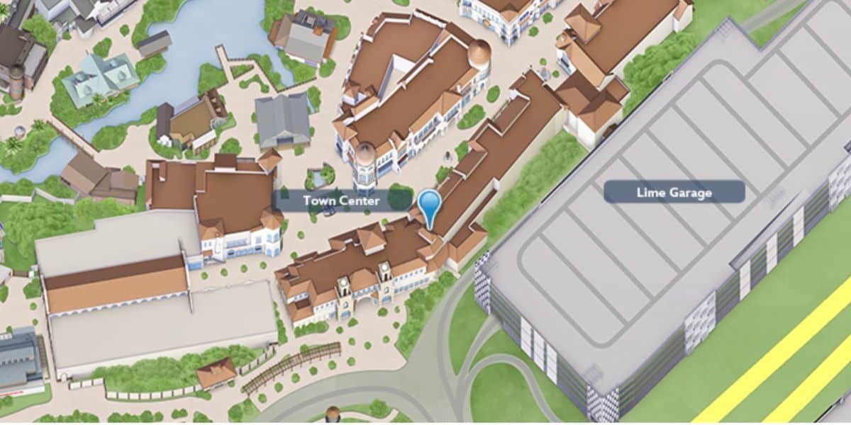 Map view highlighting Disney Springs’ vibrant Town Center and convenient Lime Garage, featuring nearby shops, green spaces, and the Pop-Up Sol de Janeiro experience.
