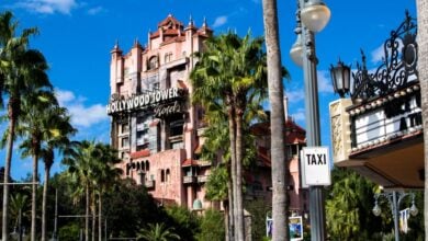 The iconic Hollywood Tower Hotel, home to the Twilight Zone Tower of Terror attraction at Disney's Hollywood Studios