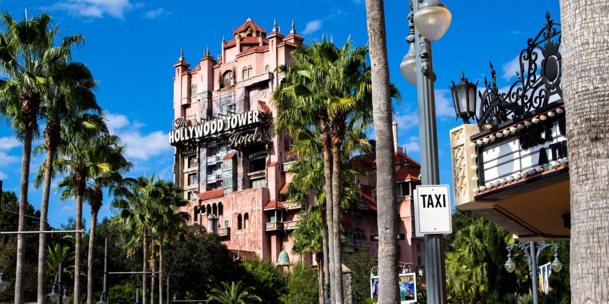 The iconic Hollywood Tower Hotel, home to the Twilight Zone Tower of Terror attraction at Disney's Hollywood Studios