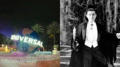 split image: on the left, universal orlando's spinning globe at night. on the right, universal's classic dracula monster