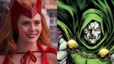 split image: on the left, Elizabeth Olsen as Scarlet Withc/Wanda Maximoff. on the right, Doctor Doom (Robert Downey Jr.)