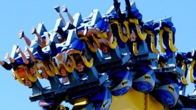Thrill-seekers soar on the inverted Batman: The Ride roller coaster at Six Flags, legs flying free beneath them against a brilliant blue sky.