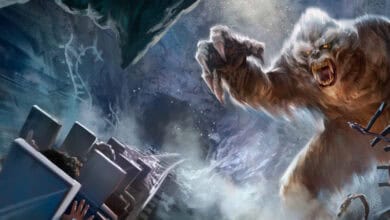 The legendary yeti lunges toward coaster riders racing through the snowy, shadowy caverns of Expedition Everest at Disney World, creating a thrilling and immersive adventure.