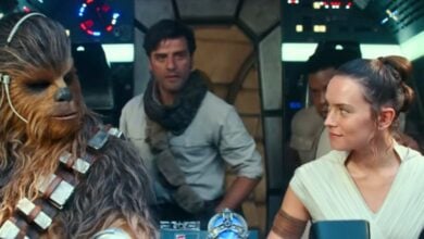 L to R: Chewie, Poe, Finn, and Rey in the Millennium Falcon in 'The Rise of Skywalker'