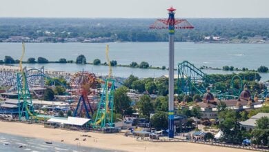 Aerial view of Santa Cruz Beach Boardwalk showcasing thrilling roller coasters and the iconic Double Shot tower ride along the scenic lakeshore.