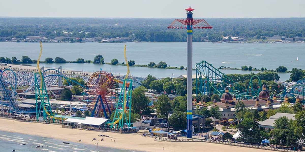 Aerial view of Santa Cruz Beach Boardwalk showcasing thrilling roller coasters and the iconic Double Shot tower ride along the scenic lakeshore.