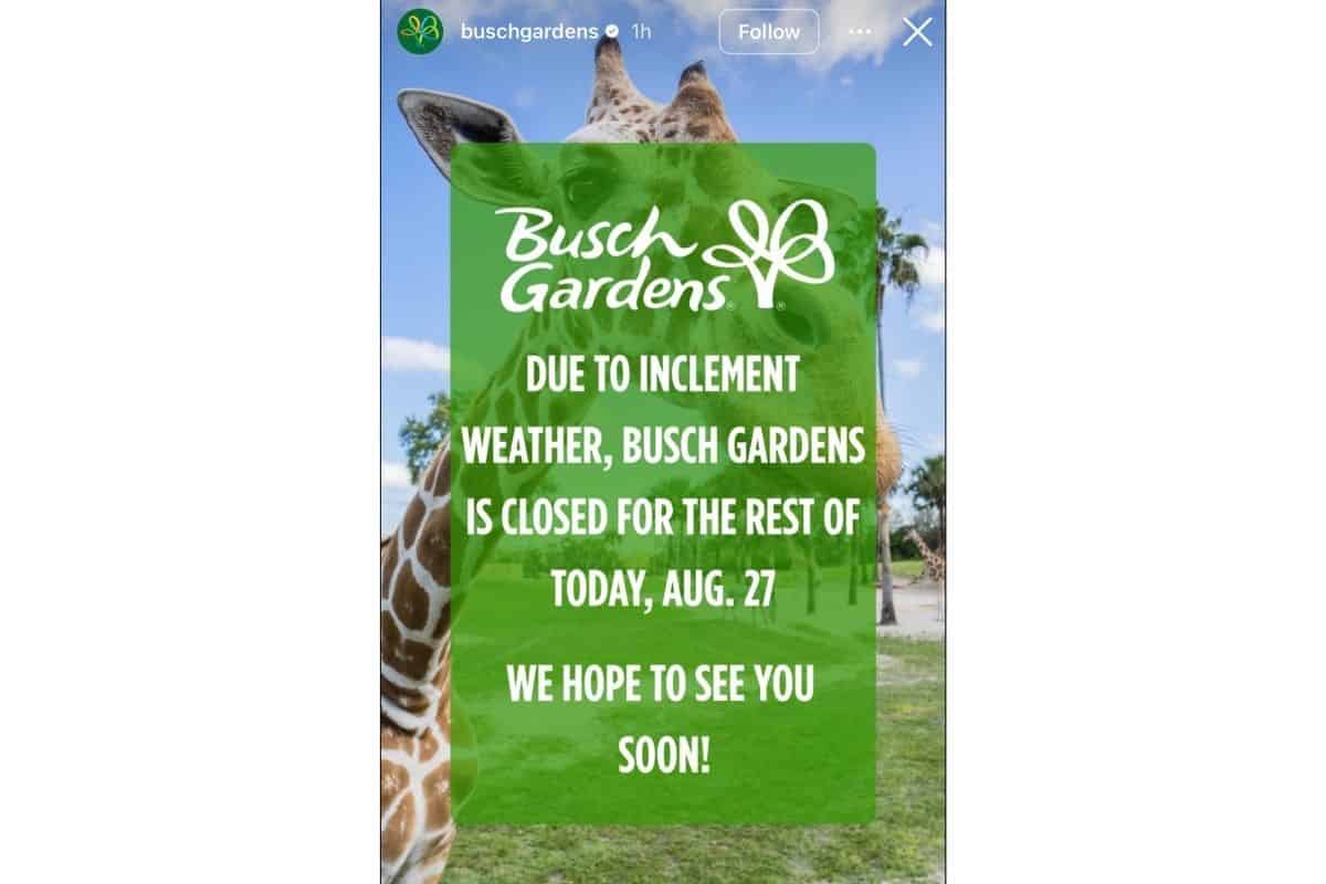 The Instagram story announcing that Busch Gardens would close early on August 27