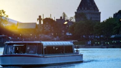 The Friendship boat on the World Showcase Lagoon in front of the Canada Pavilion at EPCOT