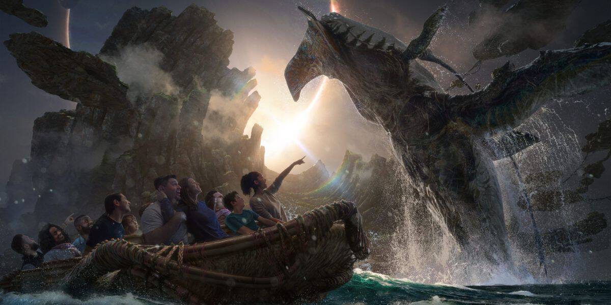 Guests on a theme park river adventure gasp in excitement as an enormous animatronic dragon bursts from the water during the ride’s thrilling climax.