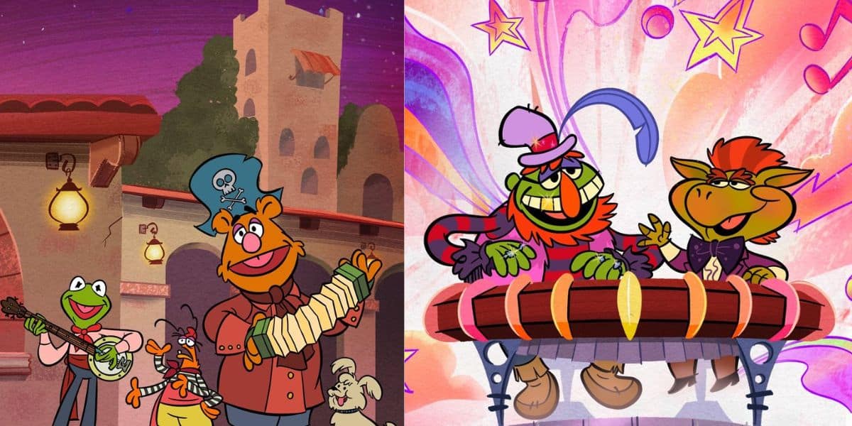 Muppets put on a lively performance with animated music playing on one side, while two vibrant characters sing beneath cosmic lights on the other, creating an energetic atmosphere that celebrates the entertainment magic of Magic Kingdom at Disney World.